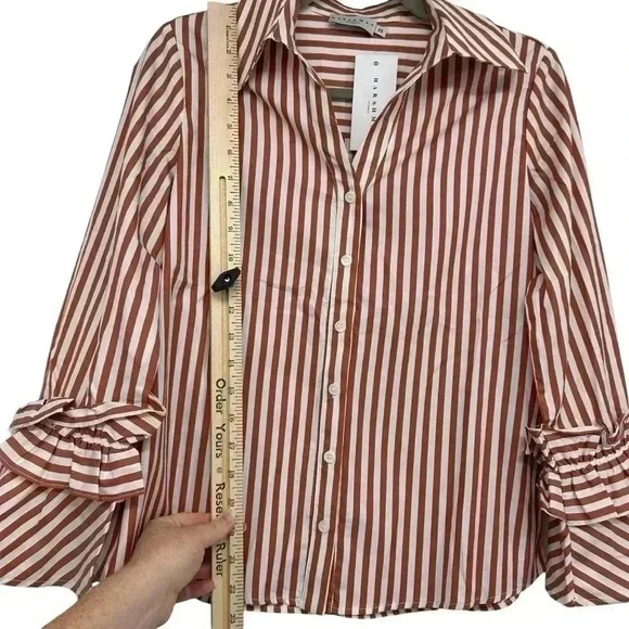HARSHMAN SHIRT WOMEN’S XS BROWN STRIPED BUTTON DOWN FLARED SLEEVE COTTON NWT - Picture 9 of 13